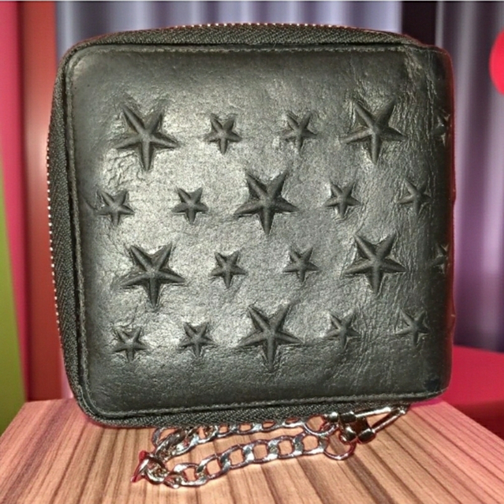 JIMMY CHOO Black Leather Star Embossed Wallet w/ Chain - Picture 2 of 7